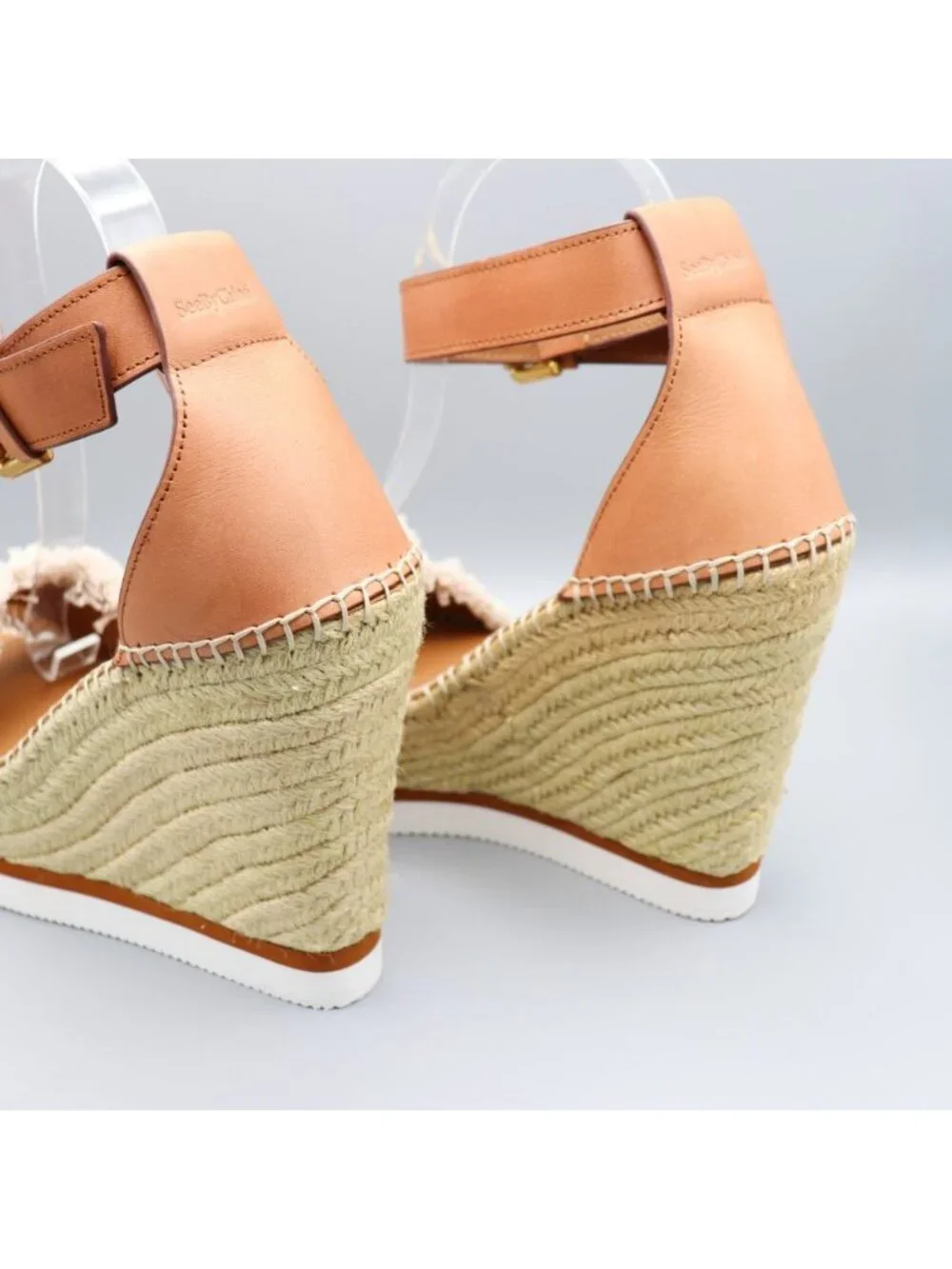 See By Chloé Glyn Frayed Canvas & Leather Espadrille Wedges 39 / US 9
